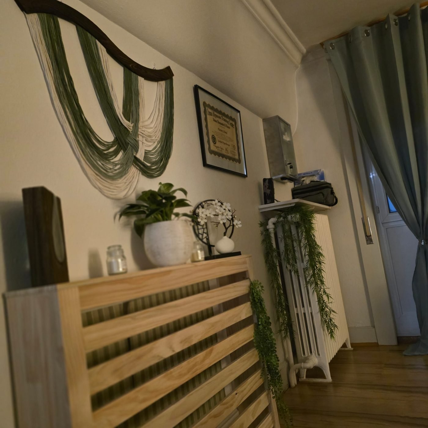 Coin du cabinet : macramé vert, plantes et diplôme d'hypnose
