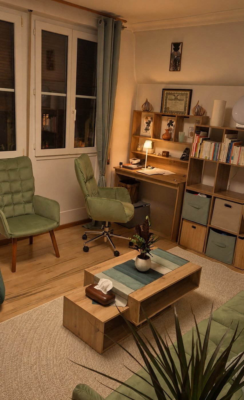 Coin bureau, bibliothèque et fauteuils en lumière douce