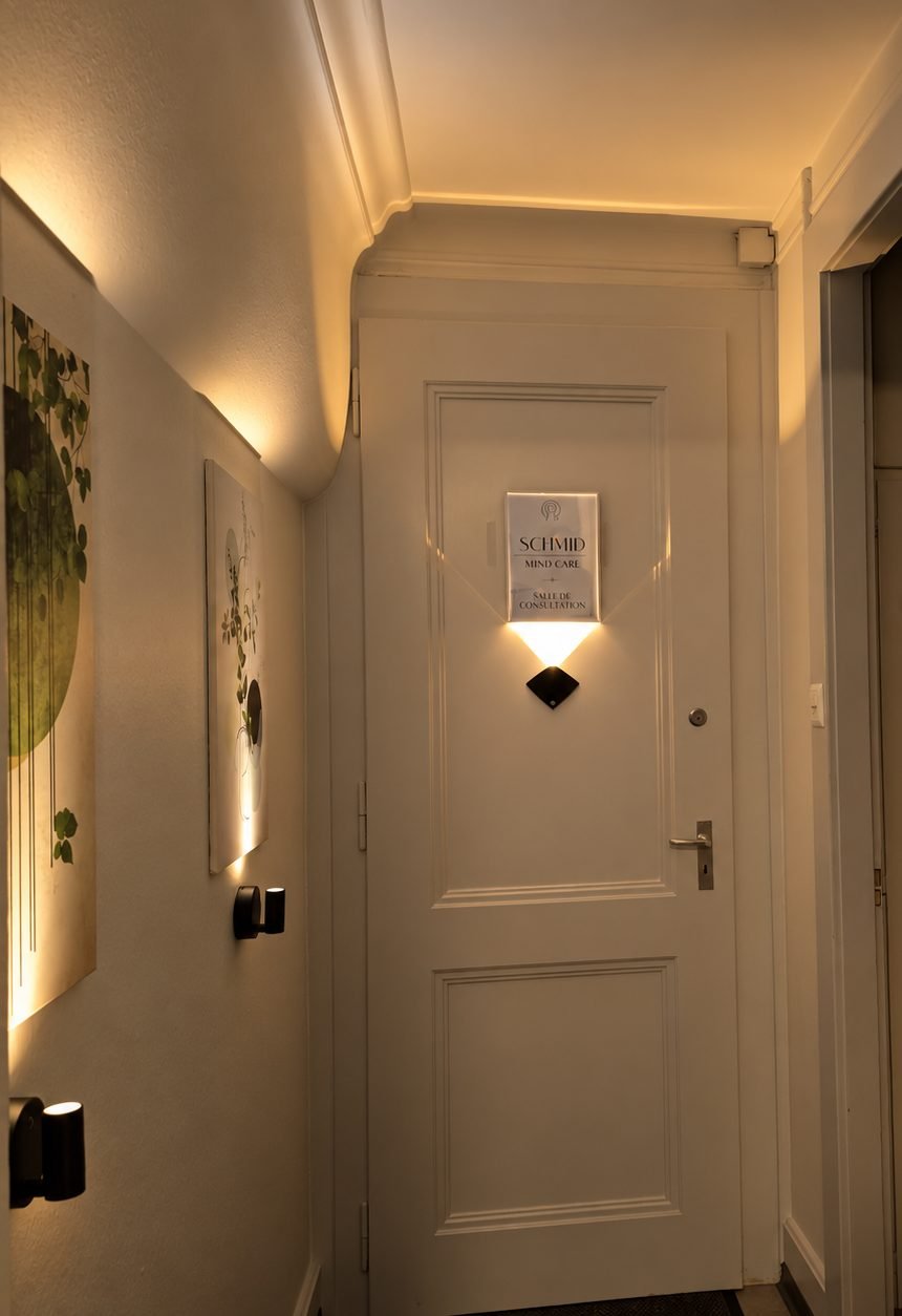 Couloir éclairé, tableaux et porte de la salle de consultation